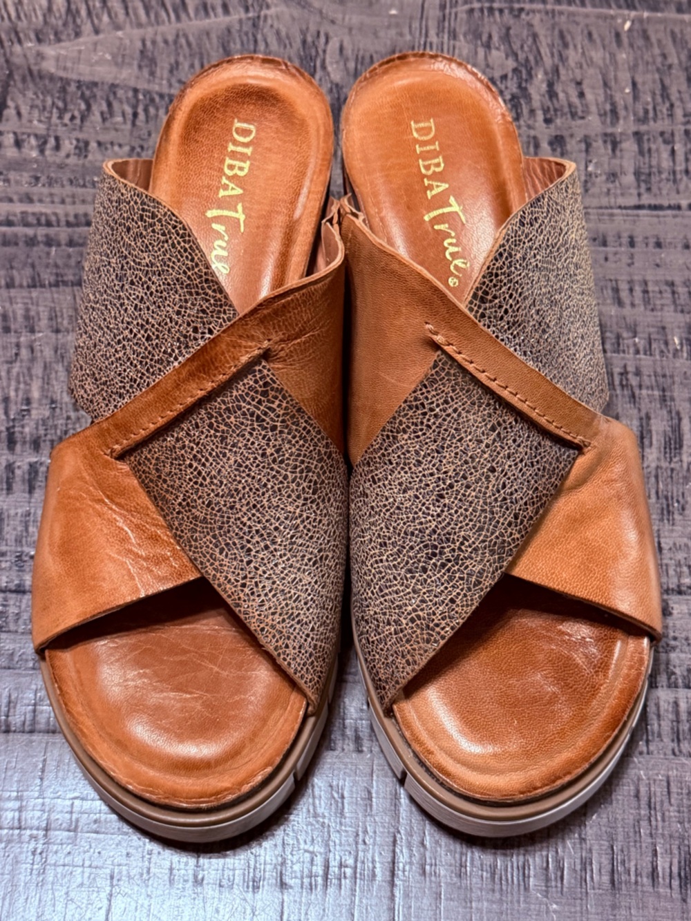 Diba True Wedge in Tan and Brown with Crisscross Leather Top Slide Sandals